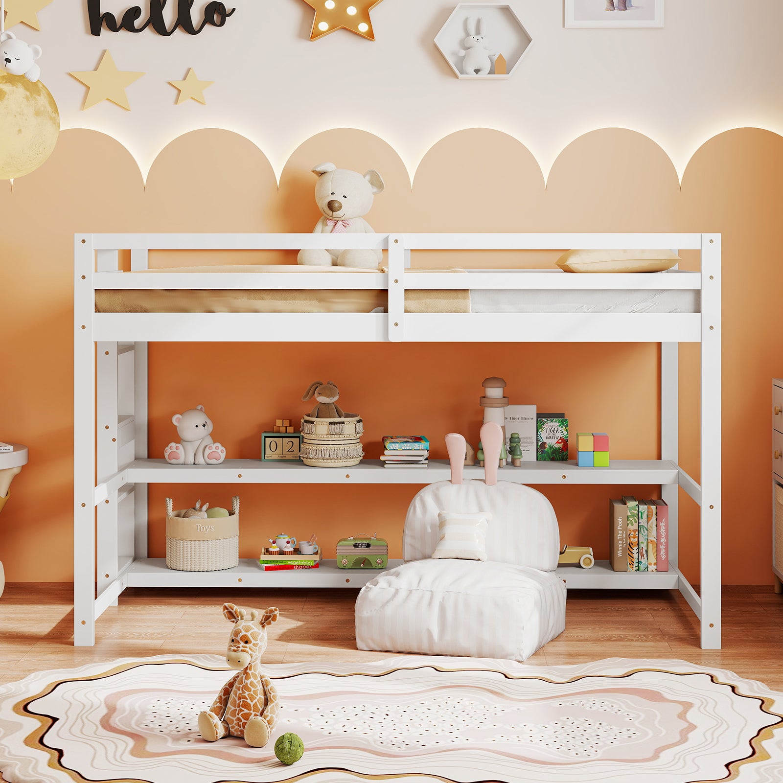 Twin Size Loft Bed with Storage Shelves Full-length Guardrails and Ladder, White Bunk Bed Frame at Gallery Canada