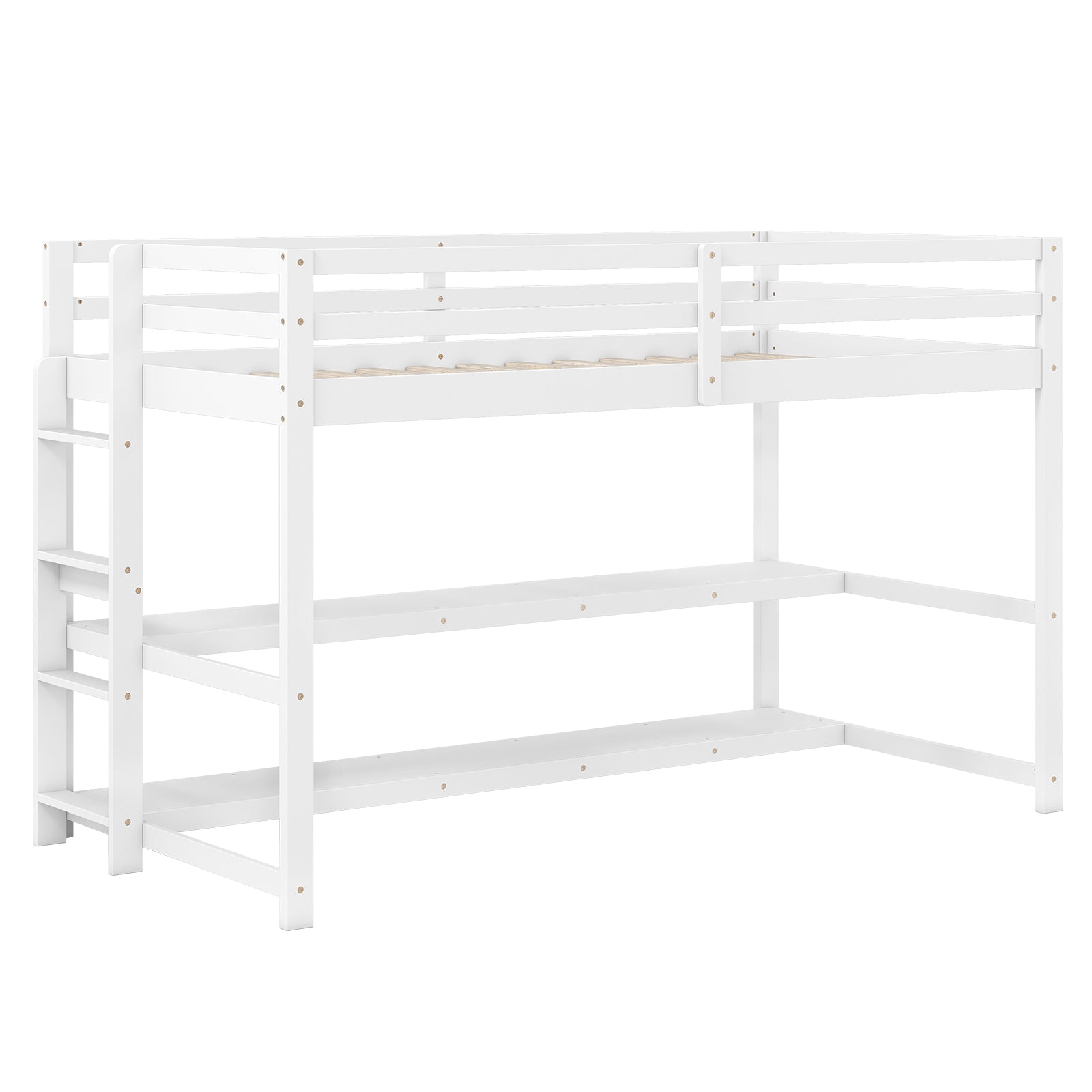 Twin Size Loft Bed with Storage Shelves Full-length Guardrails and Ladder, White Bunk Bed Frame White at Gallery Canada