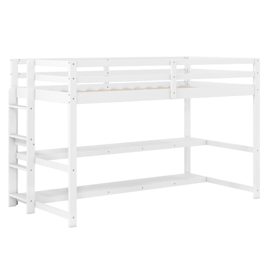 Twin Size Loft Bed with Storage Shelves Full-length Guardrails and Ladder, White Bunk Bed Frame White at Gallery Canada