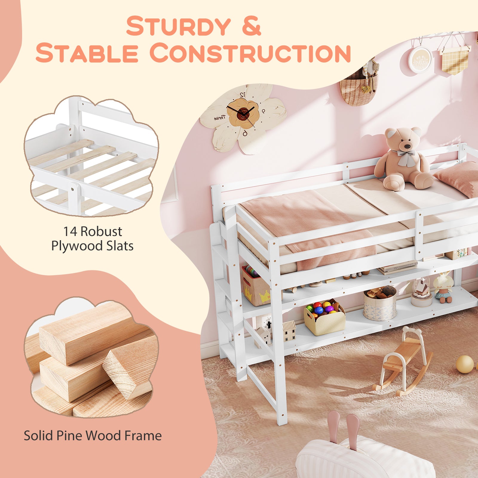 Twin Size Loft Bed with Storage Shelves Full-length Guardrails and Ladder, White Bunk Bed Frame at Gallery Canada