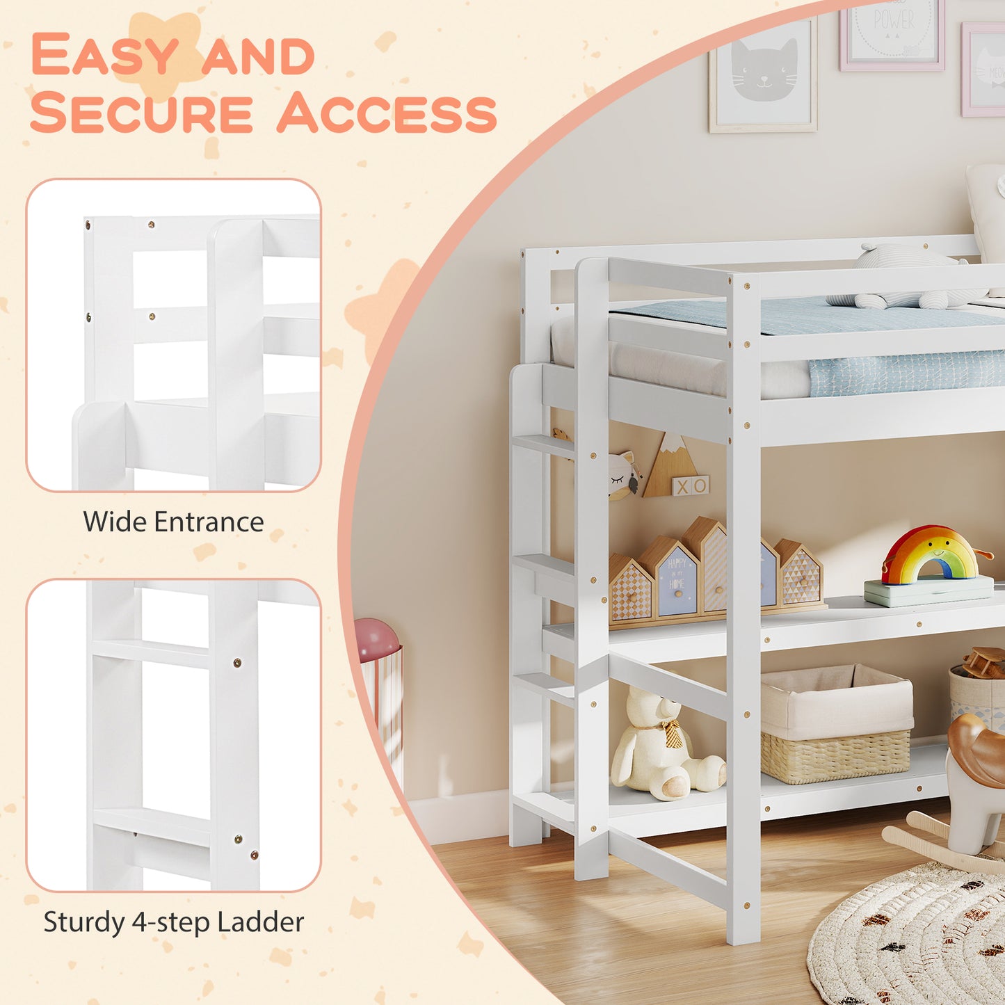 Twin Size Loft Bed with Storage Shelves Full-length Guardrails and Ladder, White Bunk Bed Frame at Gallery Canada