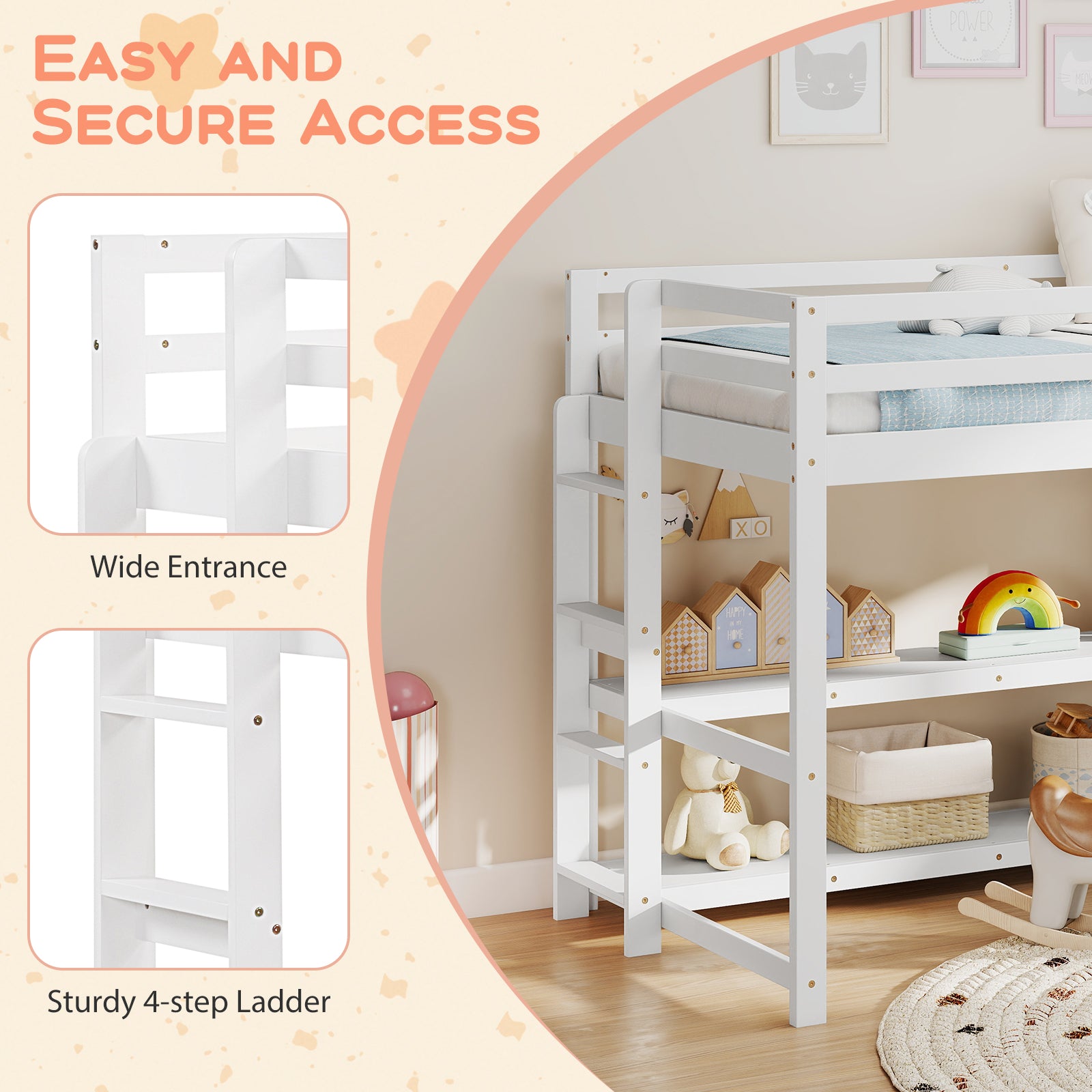 Twin Size Loft Bed with Storage Shelves Full-length Guardrails and Ladder, White Bunk Bed Frame at Gallery Canada