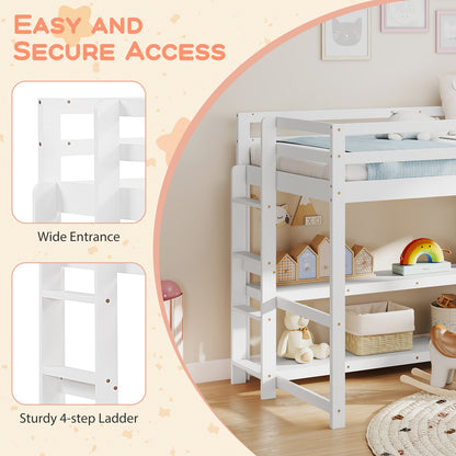 Twin Size Loft Bed with Storage Shelves Full-length Guardrails and Ladder, White Bunk Bed Frame at Gallery Canada