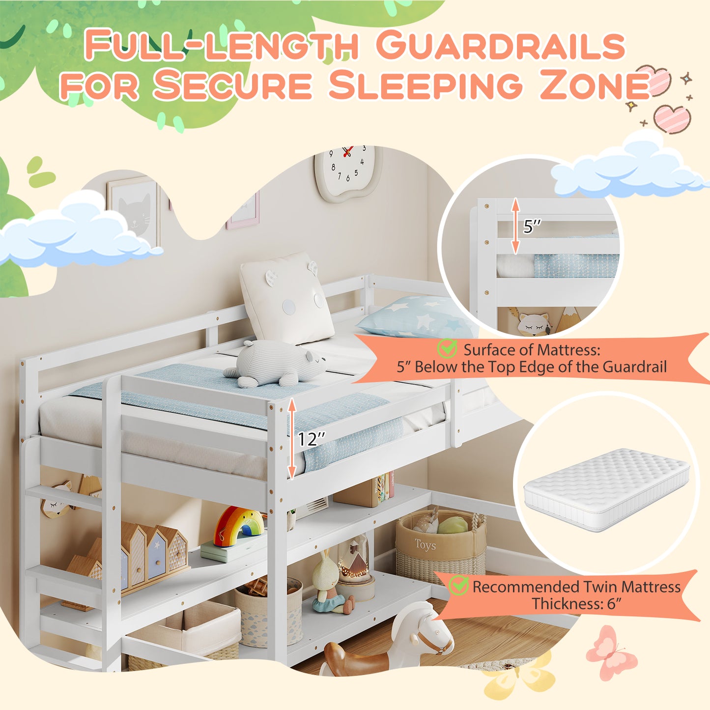 Twin Size Loft Bed with Storage Shelves Full-length Guardrails and Ladder, White Bunk Bed Frame at Gallery Canada