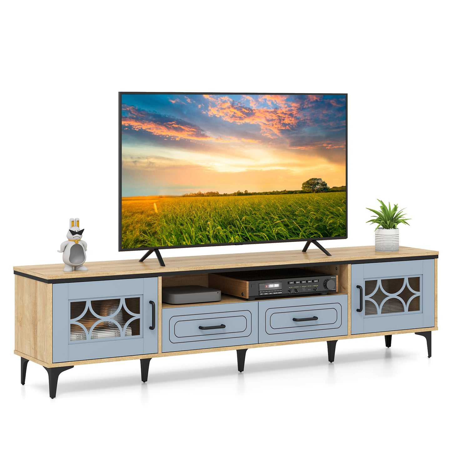 Farmhouse TV Stand for TVs up to 80 Inch with 2 Drawers-Oak and Gray, Oak Entertainment Centers & TV Stands Oak at Gallery Canada
