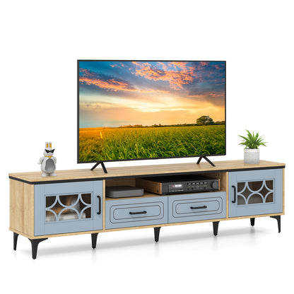 Farmhouse TV Stand for TVs up to 80 Inch with 2 Drawers-Oak and Gray, Oak Entertainment Centers & TV Stands Oak at Gallery Canada