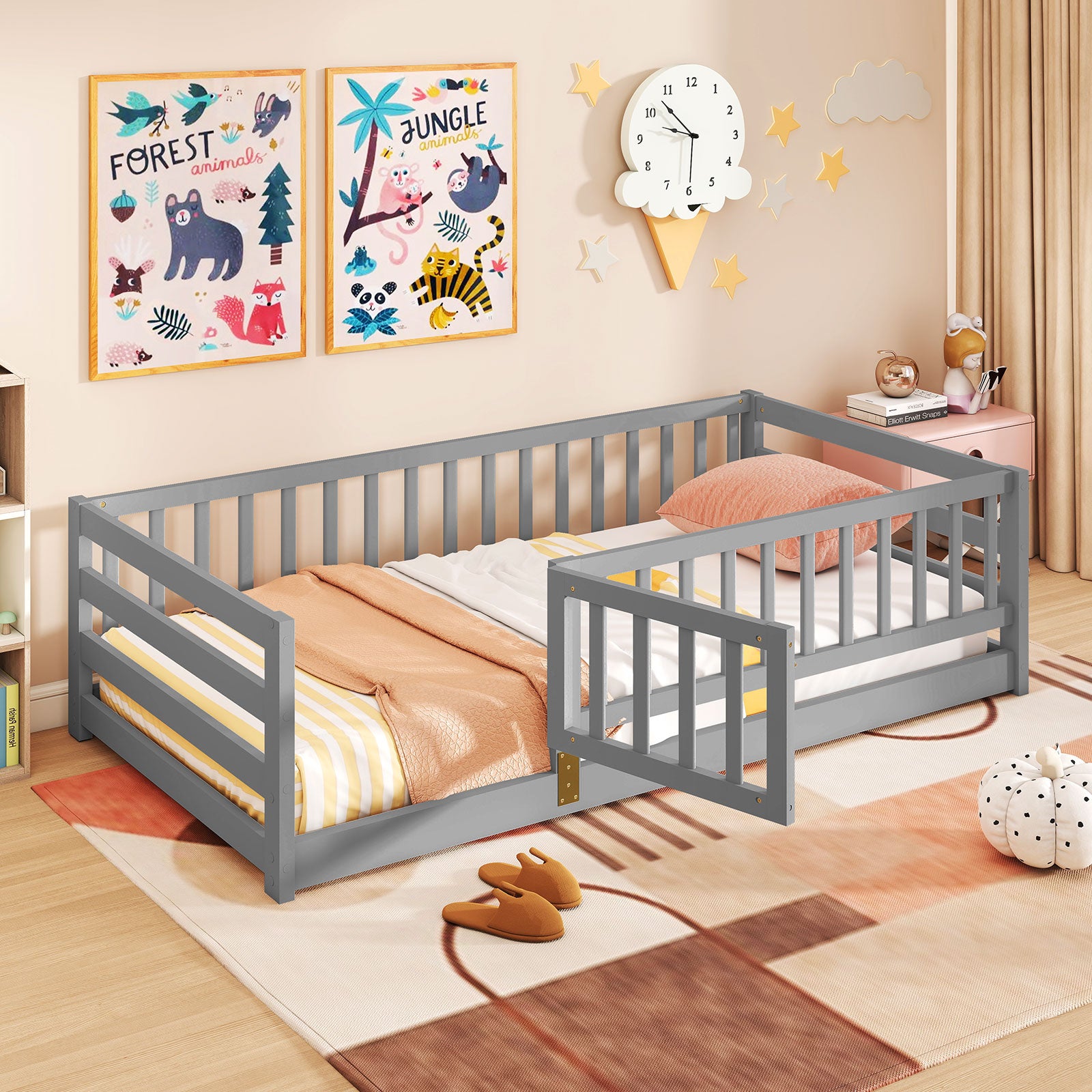 Twin Size Floor Bed with High Fence and Door Playhouse for Kids, Gray Toddler Beds at Gallery Canada