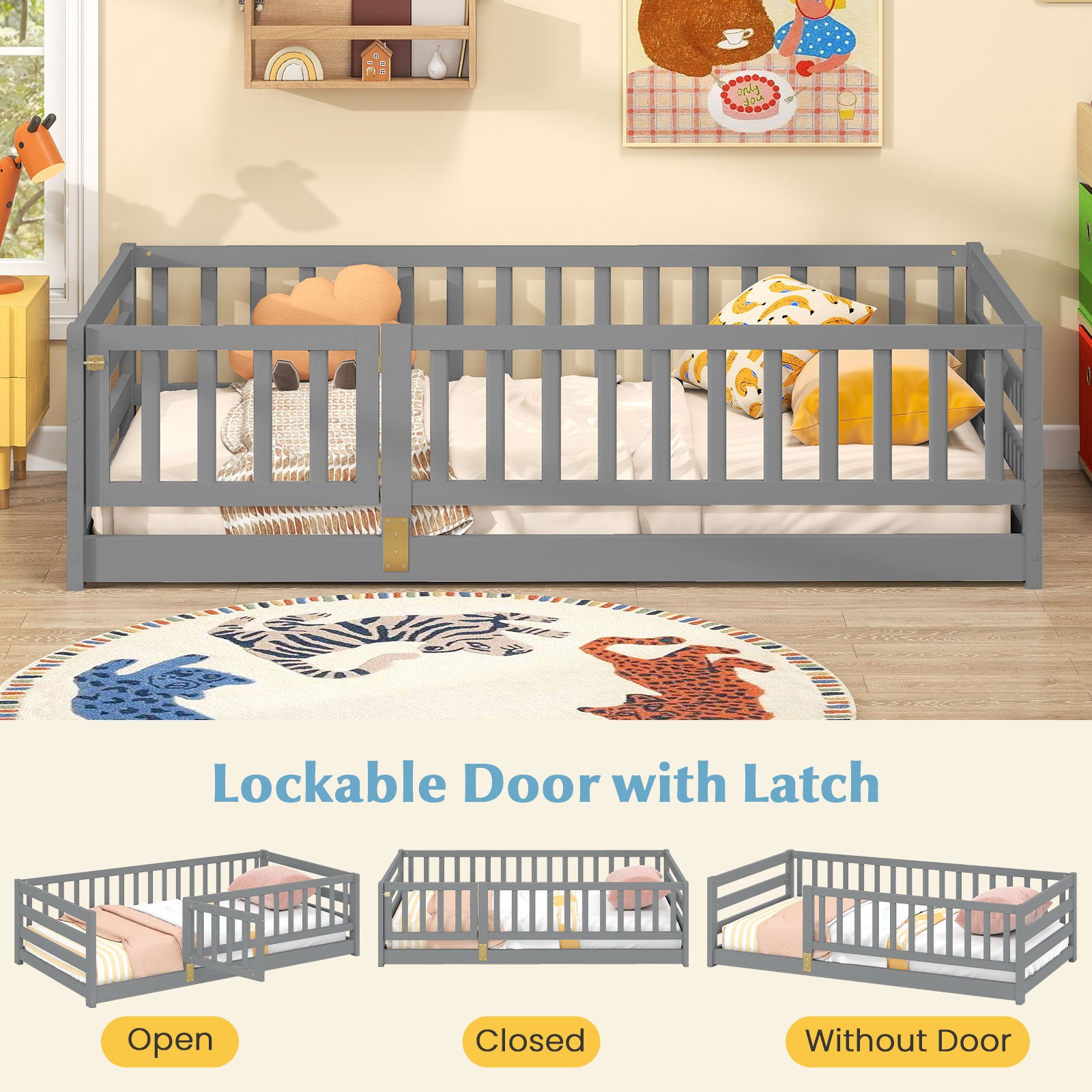 Twin Size Floor Bed with High Fence and Door Playhouse for Kids, Gray Toddler Beds at Gallery Canada