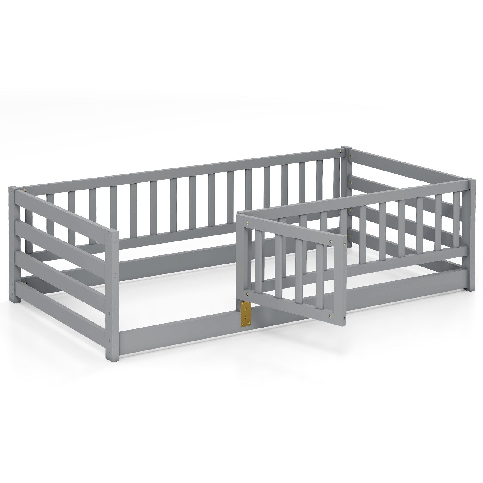 Twin Size Floor Bed with High Fence and Door Playhouse for Kids, Gray Toddler Beds Gray at Gallery Canada