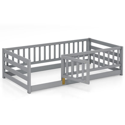 Twin Size Floor Bed with High Fence and Door Playhouse for Kids, Gray Toddler Beds Gray at Gallery Canada