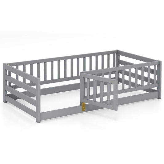 Twin Size Floor Bed with High Fence and Door Playhouse for Kids, Gray Toddler Beds Gray at Gallery Canada