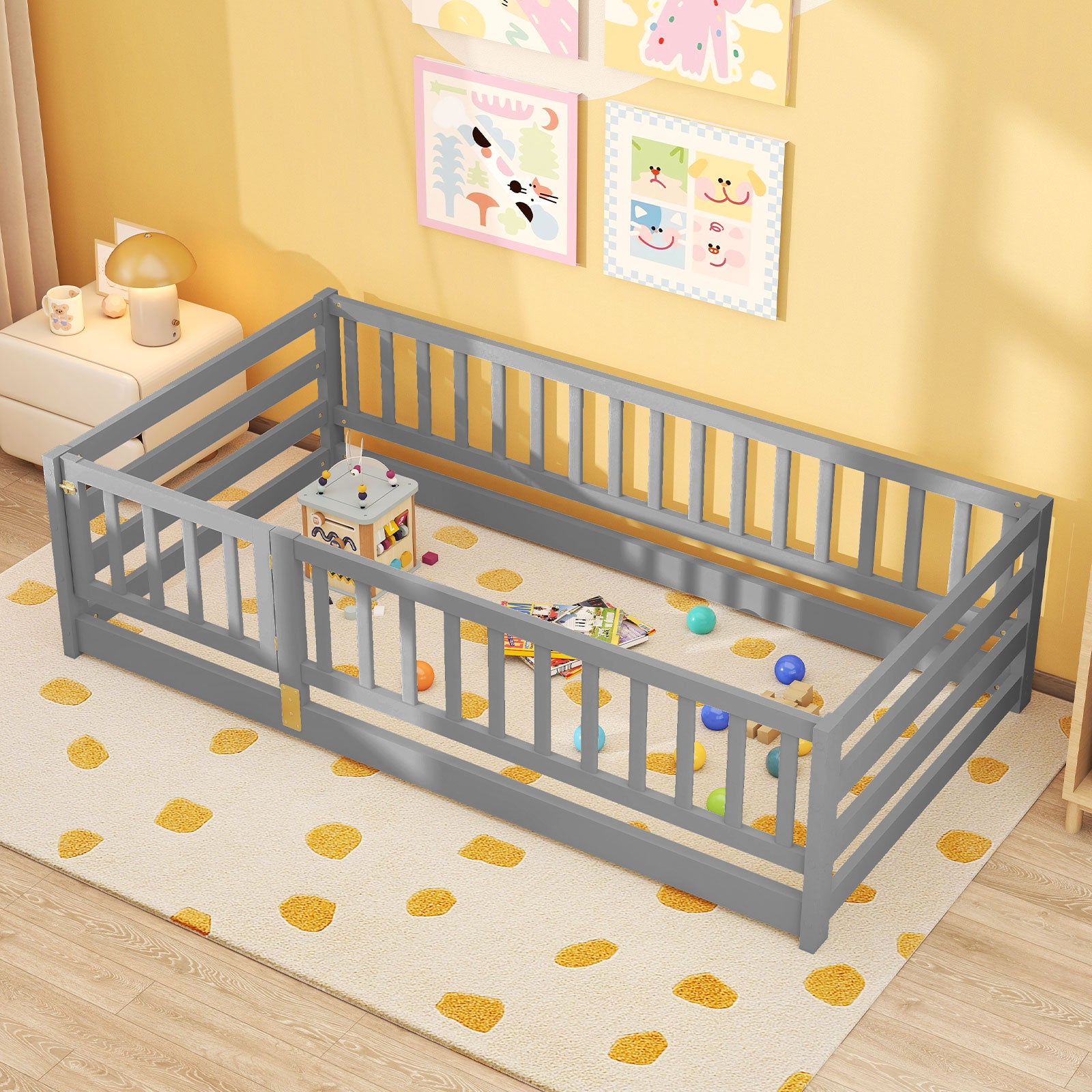 Twin Size Floor Bed with High Fence and Door Playhouse for Kids, Gray Toddler Beds at Gallery Canada