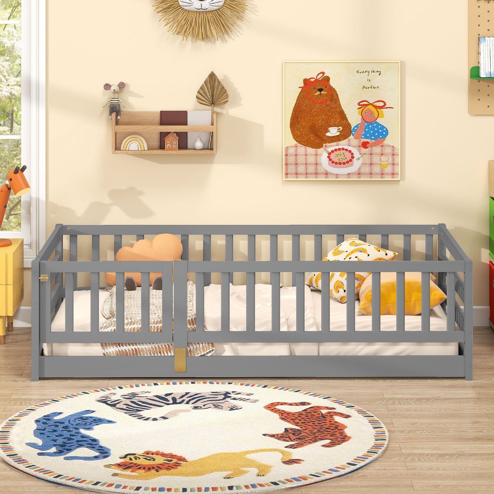 Twin Size Floor Bed with High Fence and Door Playhouse for Kids, Gray Toddler Beds at Gallery Canada