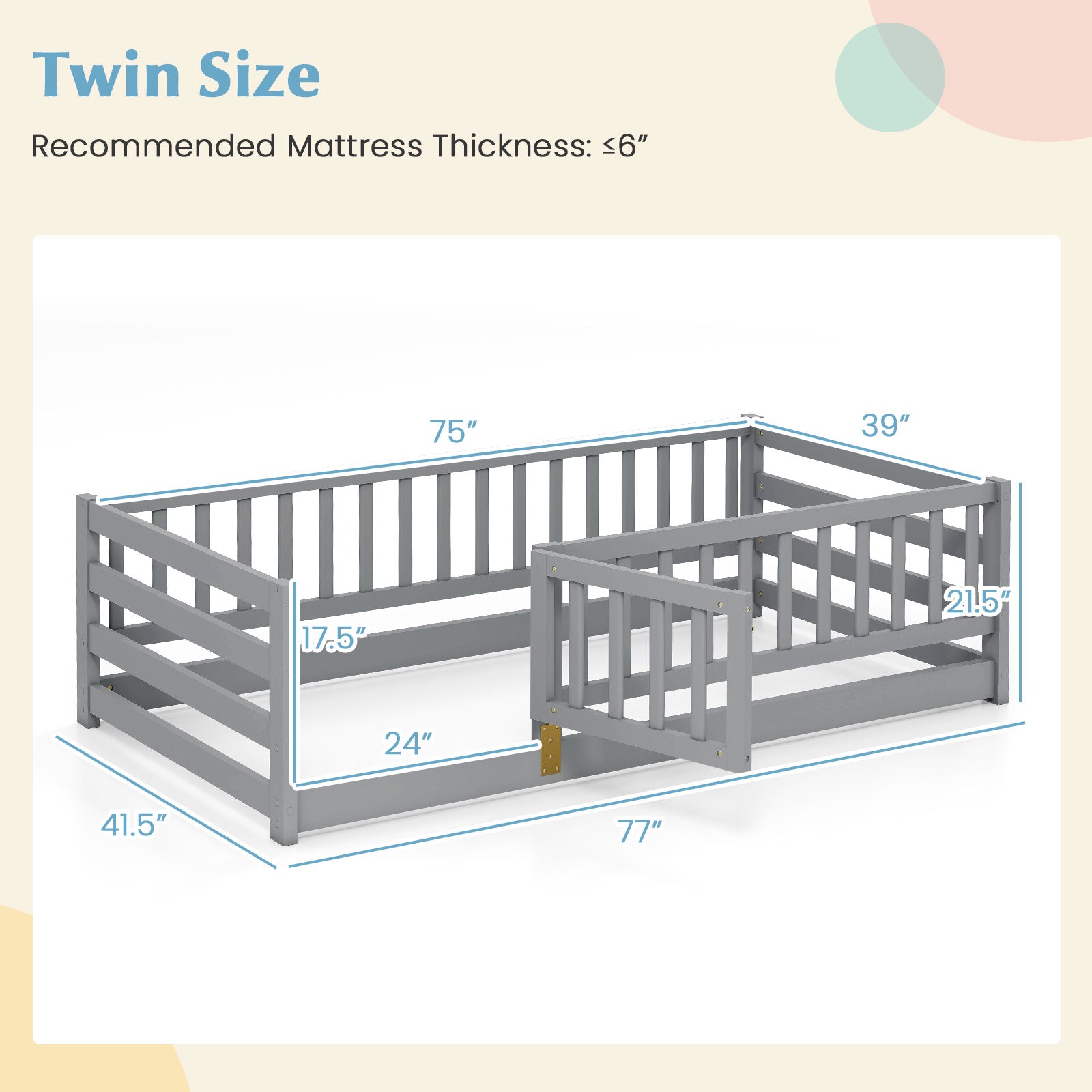 Twin Size Floor Bed with High Fence and Door Playhouse for Kids, Gray Toddler Beds at Gallery Canada