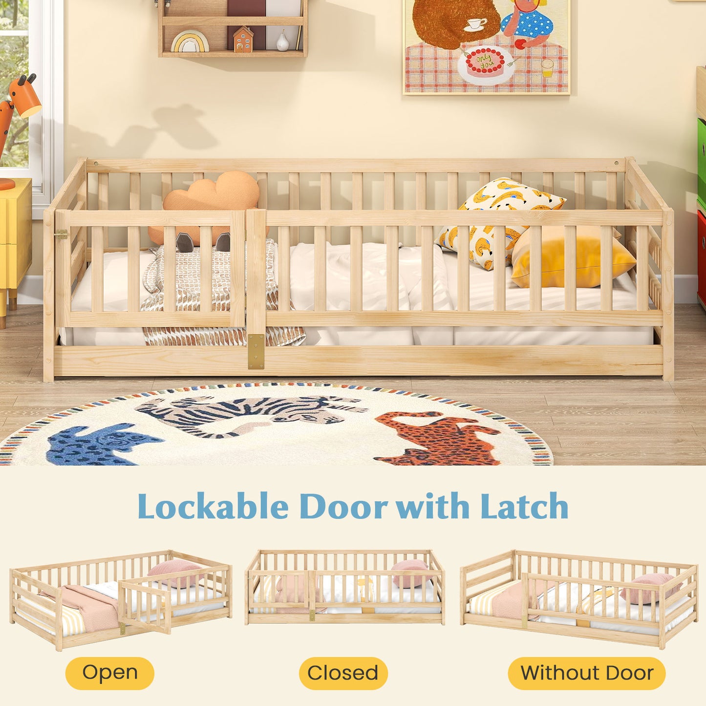 Twin Size Floor Bed with High Fence and Door Playhouse for Kids, Natural Toddler Beds at Gallery Canada