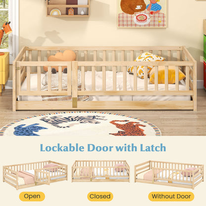 Twin Size Floor Bed with High Fence and Door Playhouse for Kids, Natural Toddler Beds at Gallery Canada