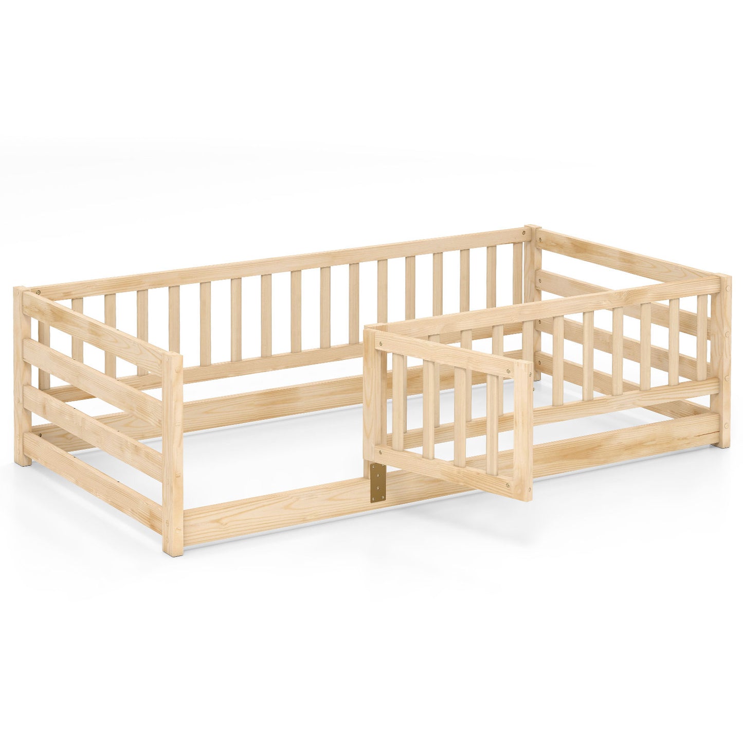 Twin Size Floor Bed with High Fence and Door Playhouse for Kids, Natural Toddler Beds Natural at Gallery Canada