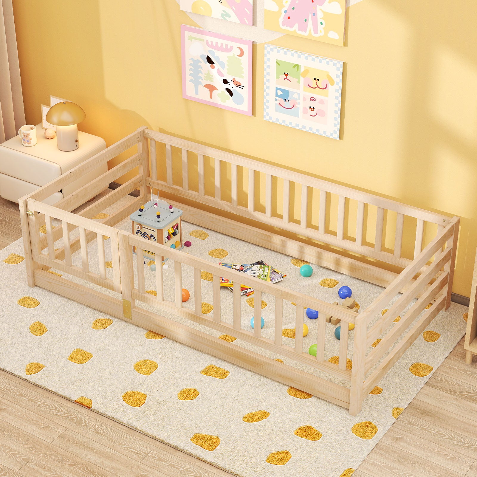 Twin Size Floor Bed with High Fence and Door Playhouse for Kids, Natural Toddler Beds at Gallery Canada