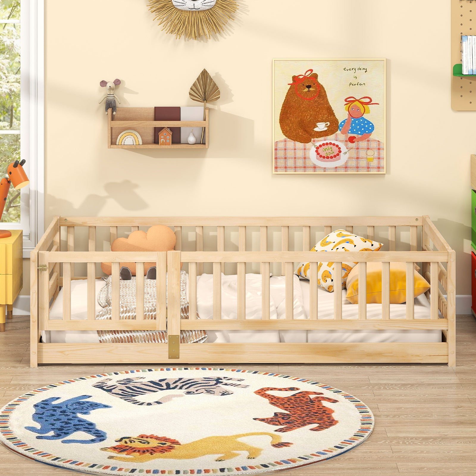 Twin Size Floor Bed with High Fence and Door Playhouse for Kids, Natural Toddler Beds at Gallery Canada