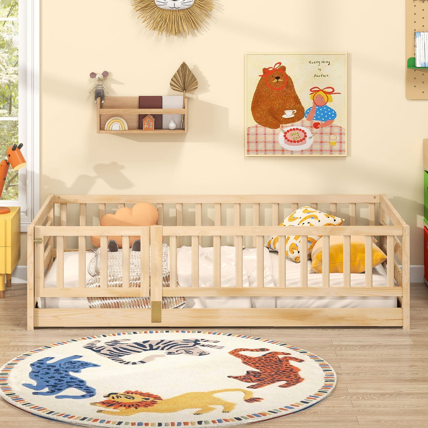 Twin Size Floor Bed with High Fence and Door Playhouse for Kids, Natural Toddler Beds at Gallery Canada