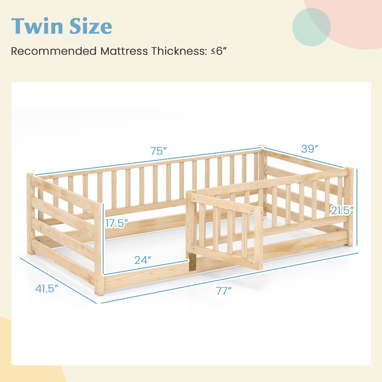 Twin Size Floor Bed with High Fence and Door Playhouse for Kids, Natural Toddler Beds at Gallery Canada