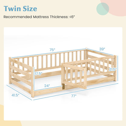 Twin Size Floor Bed with High Fence and Door Playhouse for Kids, Natural Toddler Beds at Gallery Canada