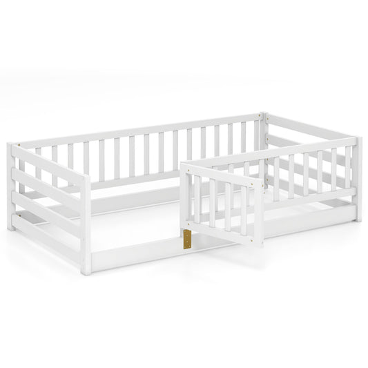 Twin Size Floor Bed with High Fence and Door Playhouse for Kids, White Toddler Beds White at Gallery Canada