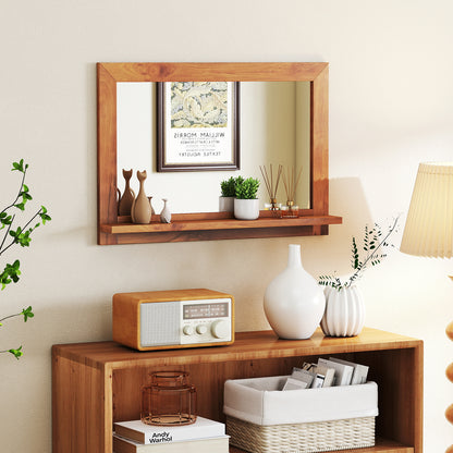 Farmhouse Wall Mirror with Shelf and Teak Wood Frame, Natural Wall Mirrors at Gallery Canada