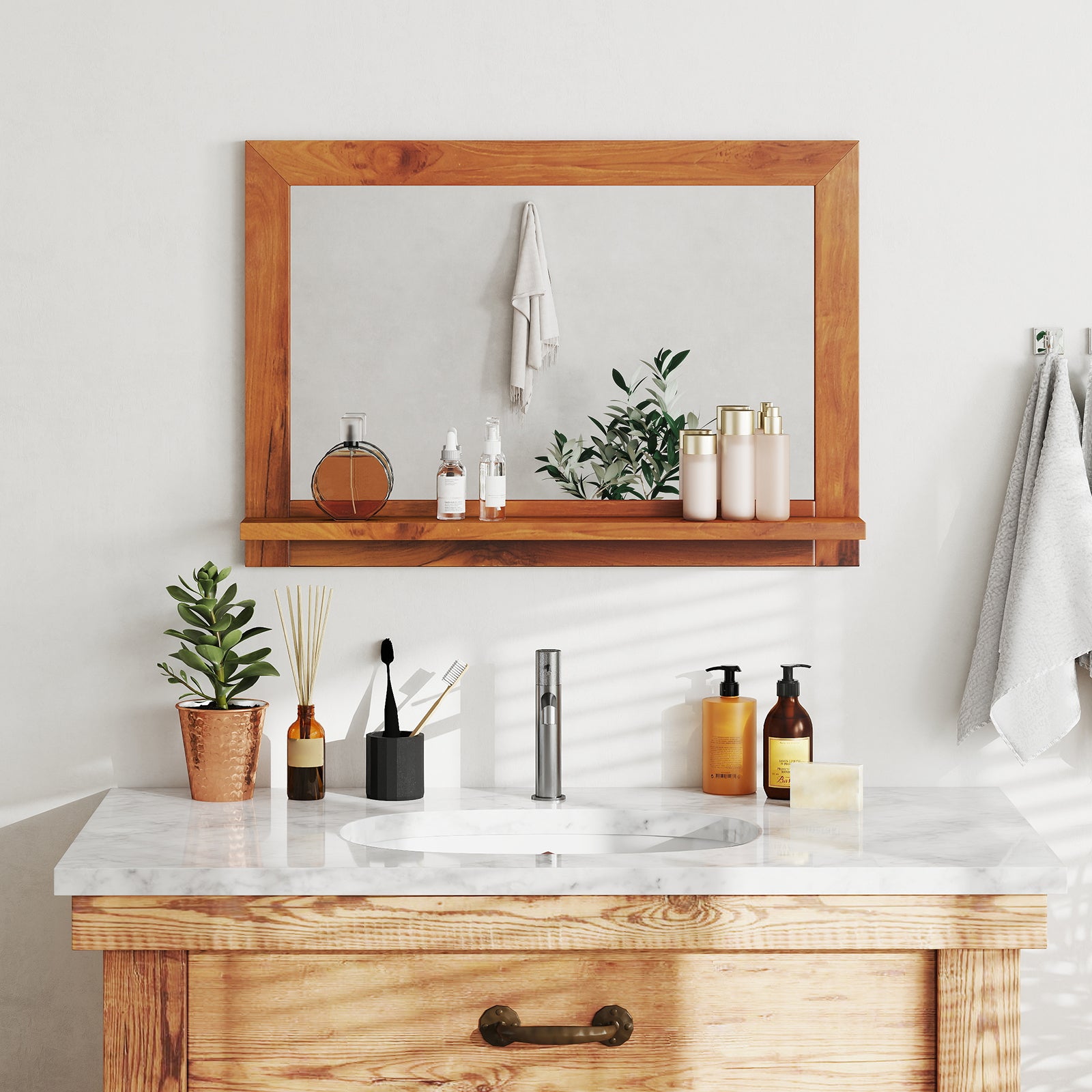 Farmhouse Wall Mirror with Shelf and Teak Wood Frame, Natural Wall Mirrors at Gallery Canada