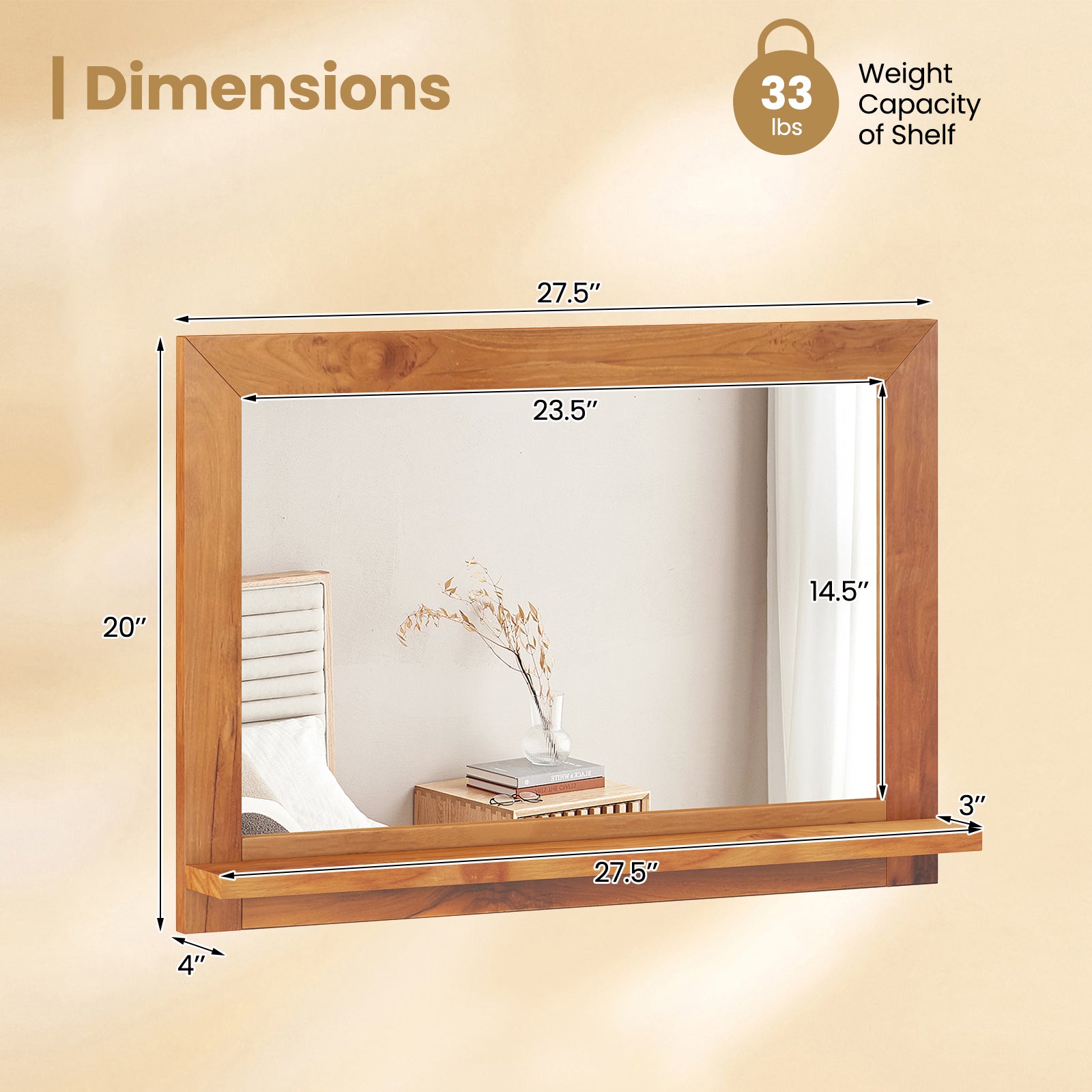 Farmhouse Wall Mirror with Shelf and Teak Wood Frame, Natural Wall Mirrors at Gallery Canada