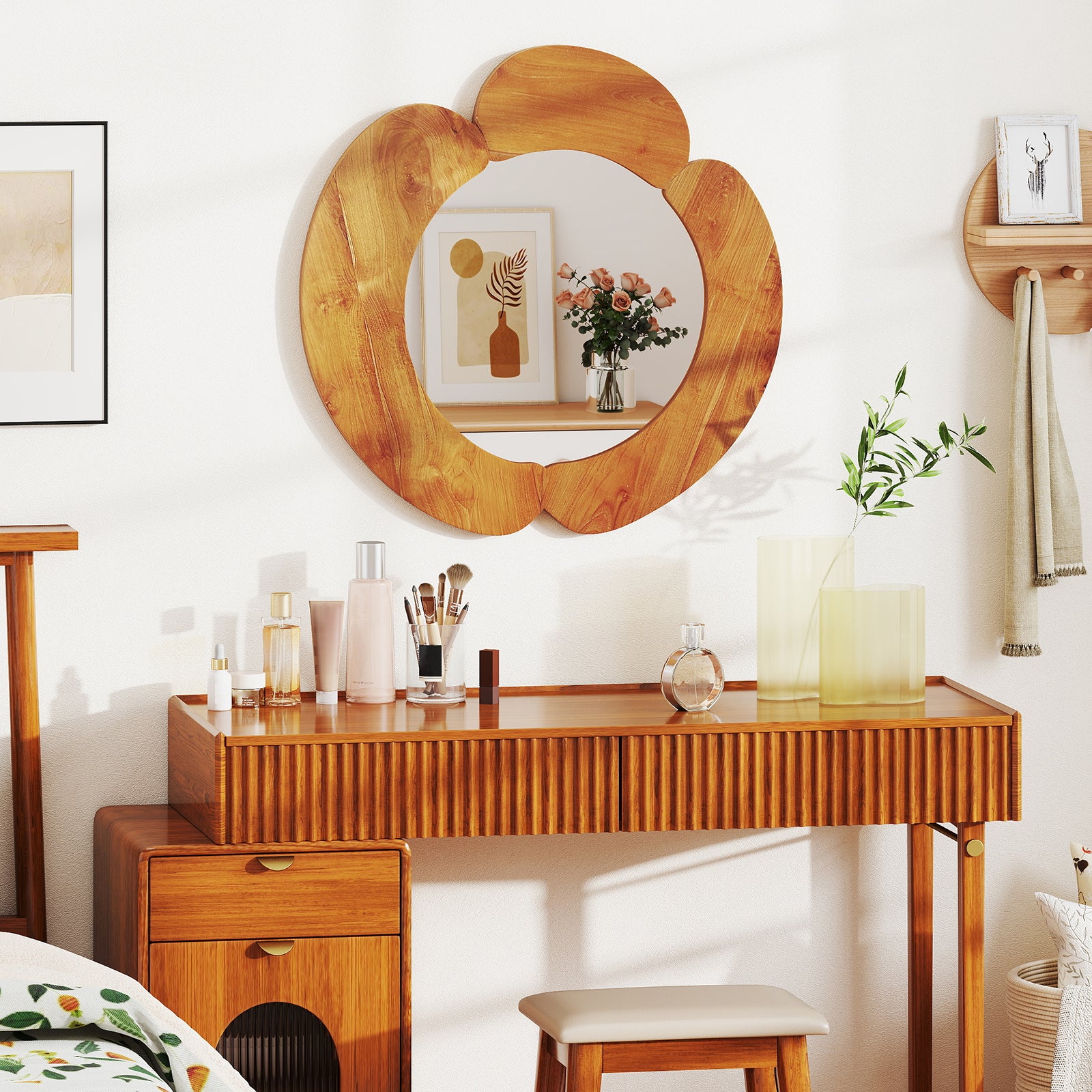 29 Inch Rustic Hanging Vanity Mirror with Teak Wood Frame, Natural Wall Mirrors at Gallery Canada