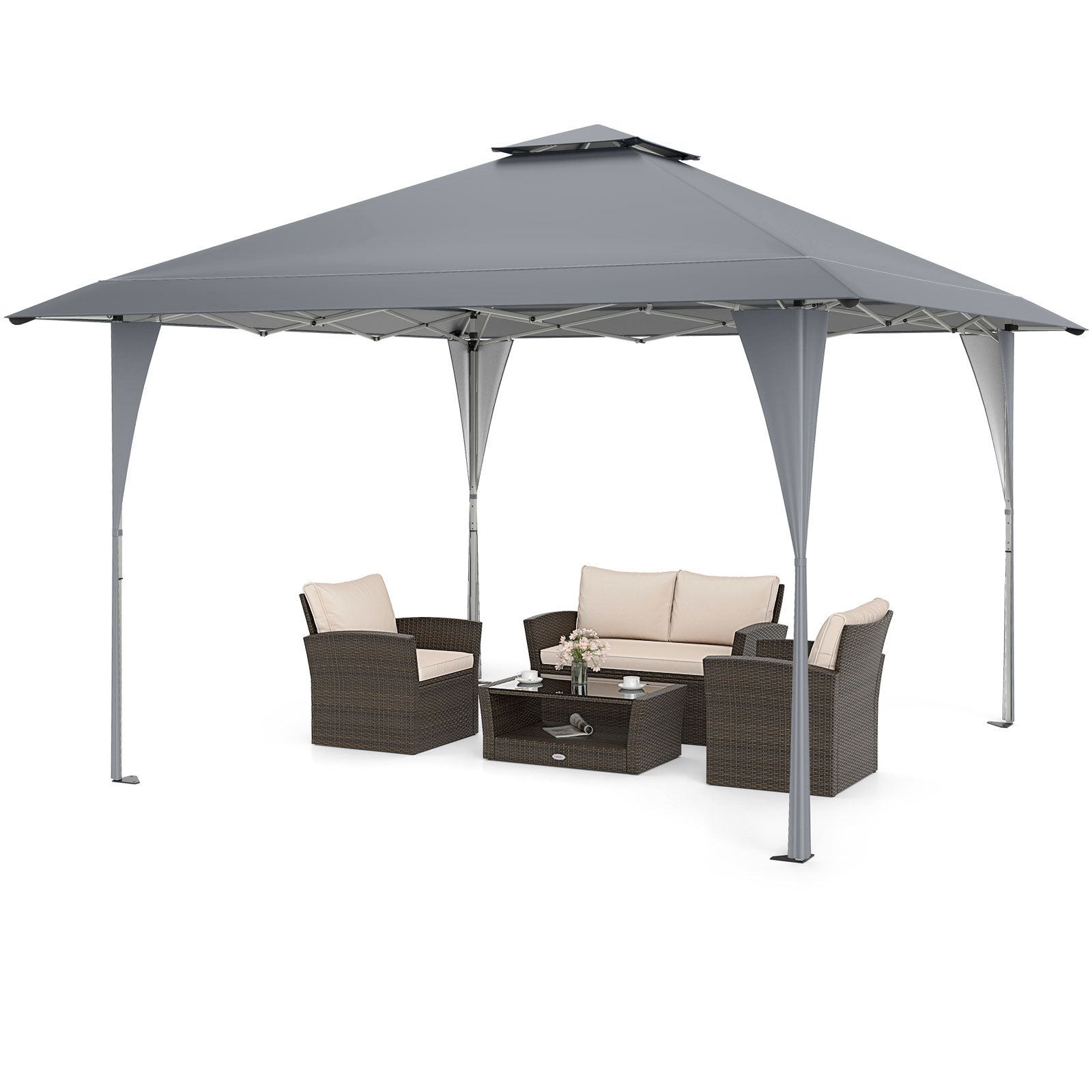 13 X 13 FT Pop up Gazebo with Portable Carrying Bag 8 Stakes and 4 Wind Ropes, Gray Gazebos at Gallery Canada