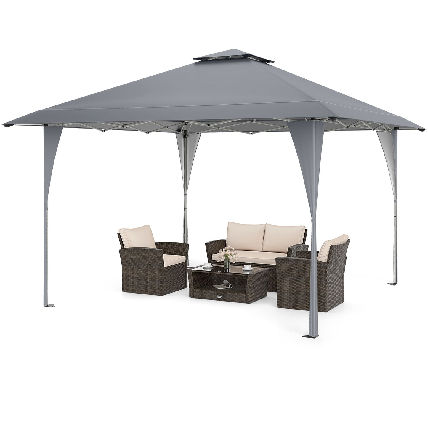 13 X 13 FT Pop up Gazebo with Portable Carrying Bag 8 Stakes and 4 Wind Ropes, Gray Gazebos at Gallery Canada