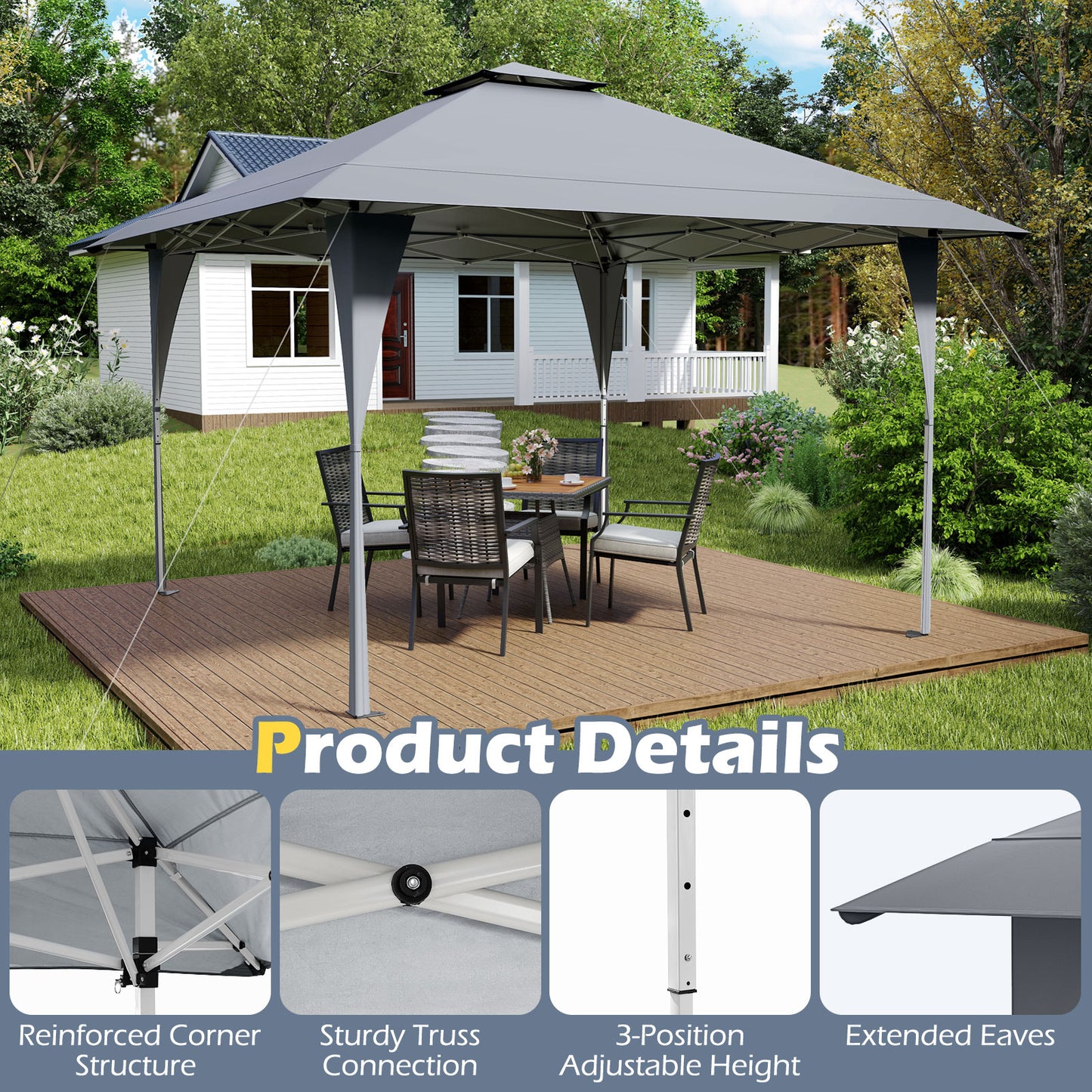 13 X 13 FT Pop up Gazebo with Portable Carrying Bag 8 Stakes and 4 Wind Ropes, Gray Gazebos at Gallery Canada