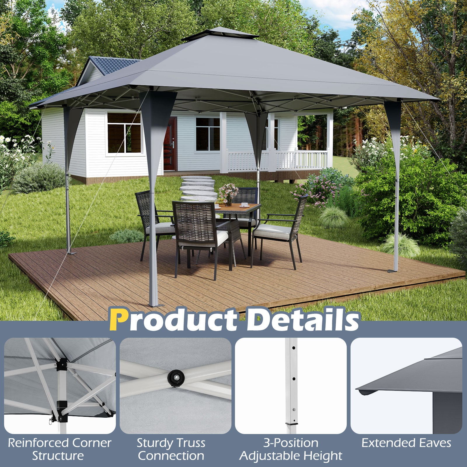 13 X 13 FT Pop up Gazebo with Portable Carrying Bag 8 Stakes and 4 Wind Ropes, Gray Gazebos at Gallery Canada