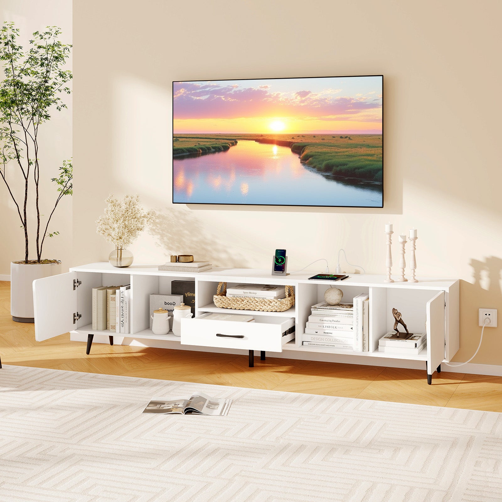 79" TV Stand for TVs up to 90 Inches Entertainment Center Wood Media Console Table Modern Mid Century TV Cabinet, White Entertainment Centers & TV Stands at Gallery Canada