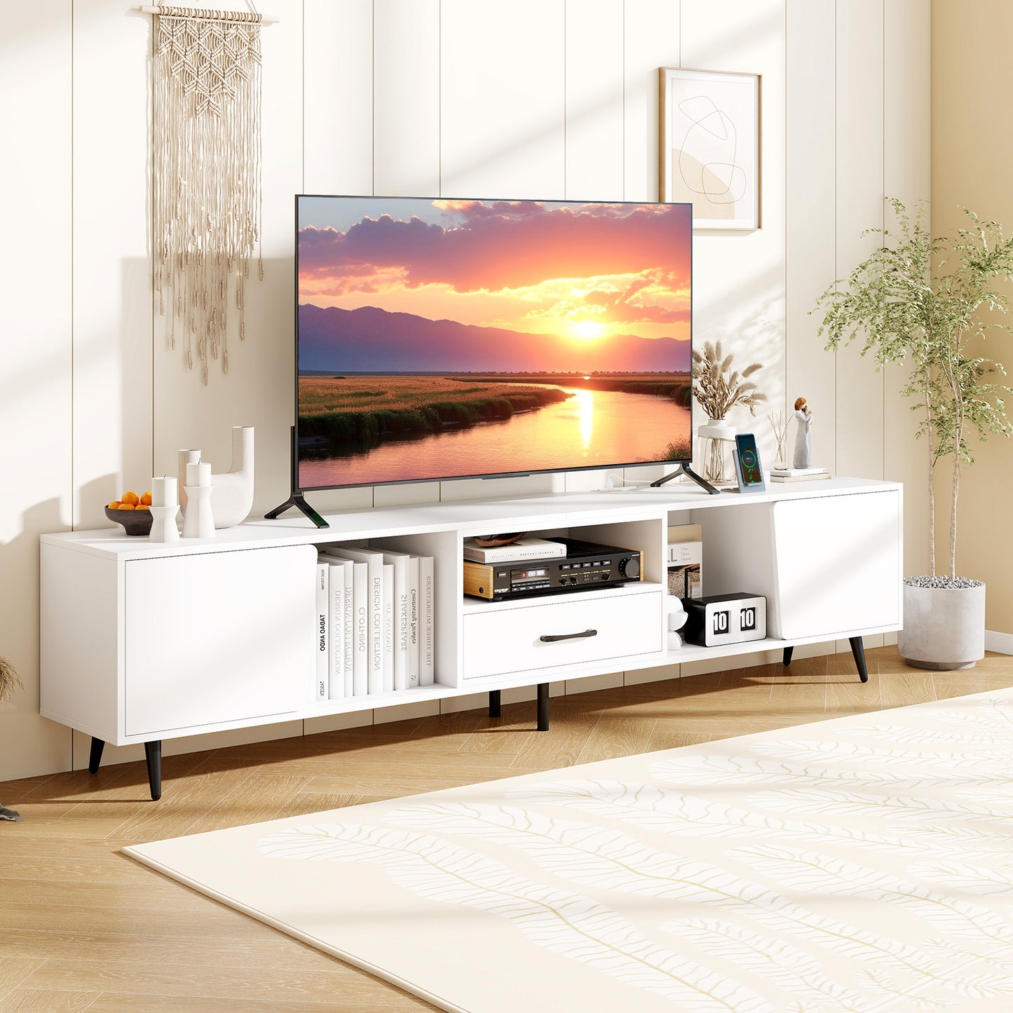 79" TV Stand for TVs up to 90 Inches Entertainment Center Wood Media Console Table Modern Mid Century TV Cabinet, White Entertainment Centers & TV Stands at Gallery Canada