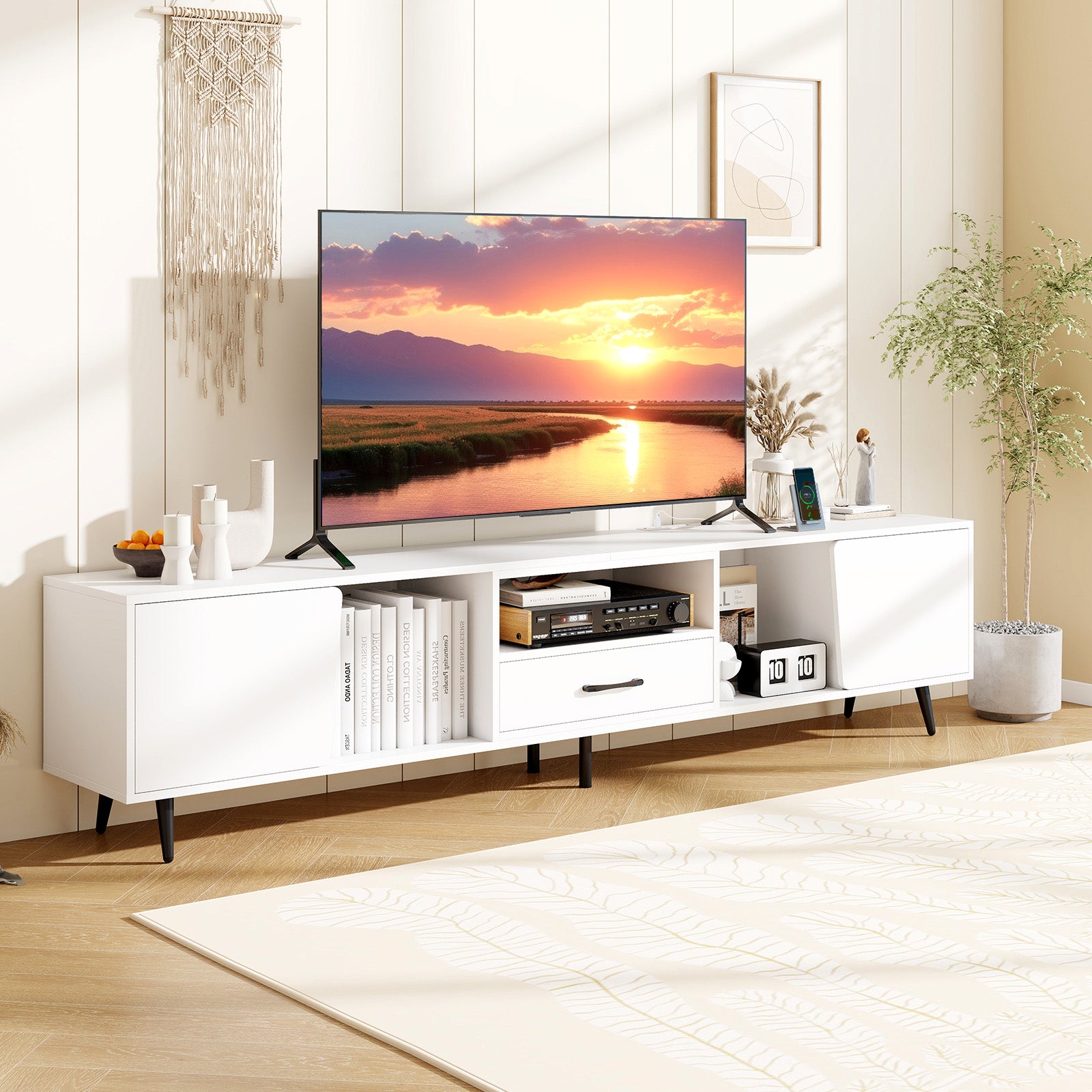 79" TV Stand for TVs up to 90 Inches Entertainment Center Wood Media Console Table Modern Mid Century TV Cabinet, White Entertainment Centers & TV Stands at Gallery Canada