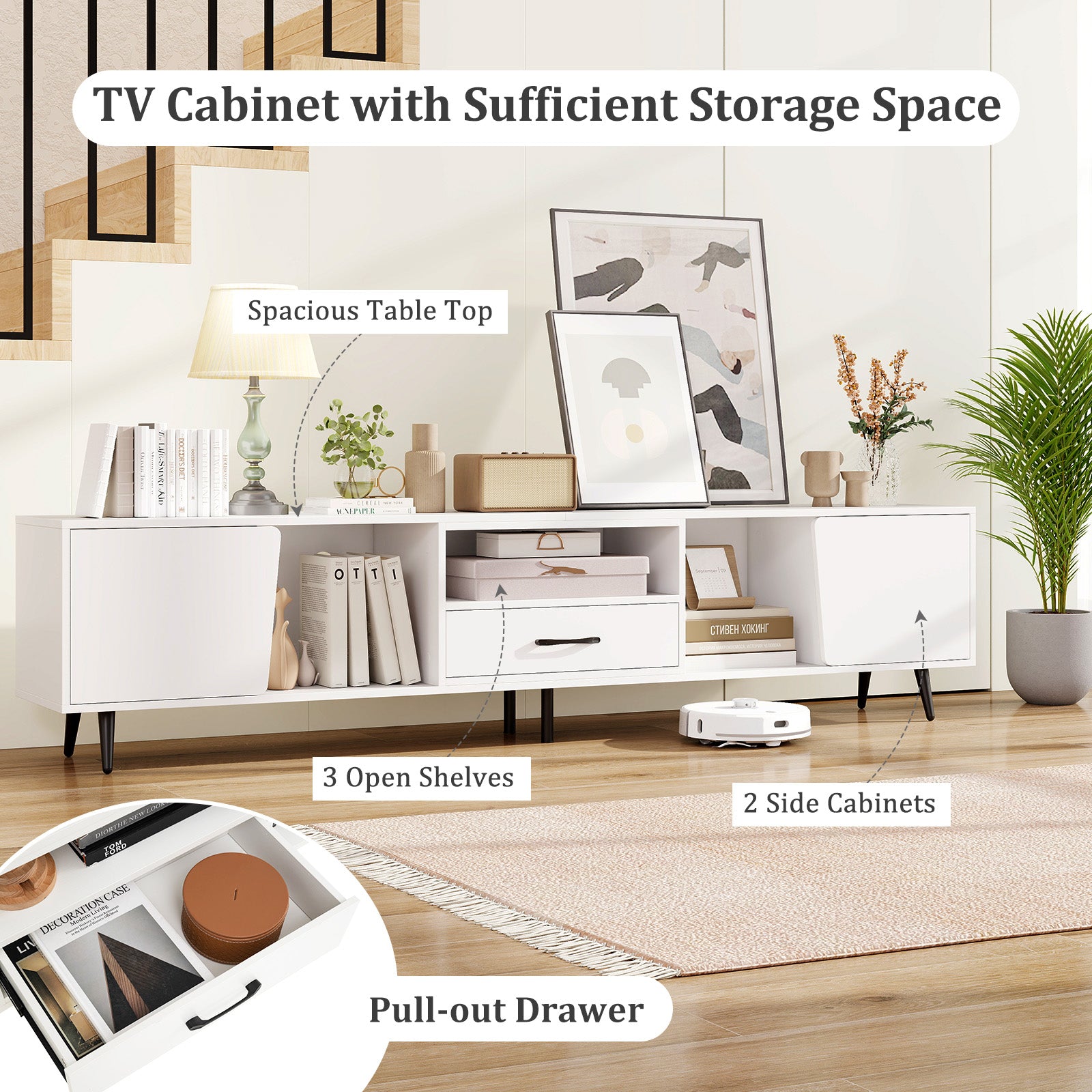 79" TV Stand for TVs up to 90 Inches Entertainment Center Wood Media Console Table Modern Mid Century TV Cabinet, White Entertainment Centers & TV Stands at Gallery Canada