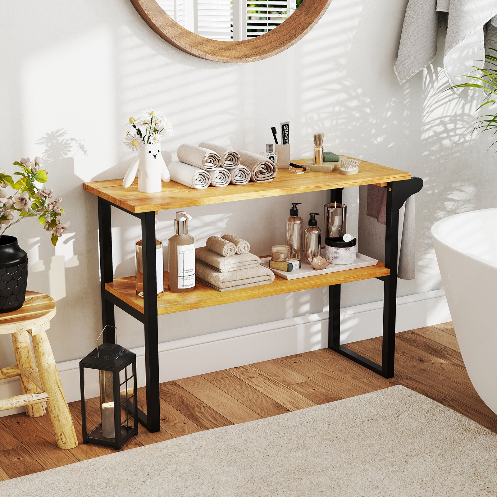 2-Tier Solid Teak Wood Bathroom Shelf with Towel Rack, Natural Floor Cabinets at Gallery Canada