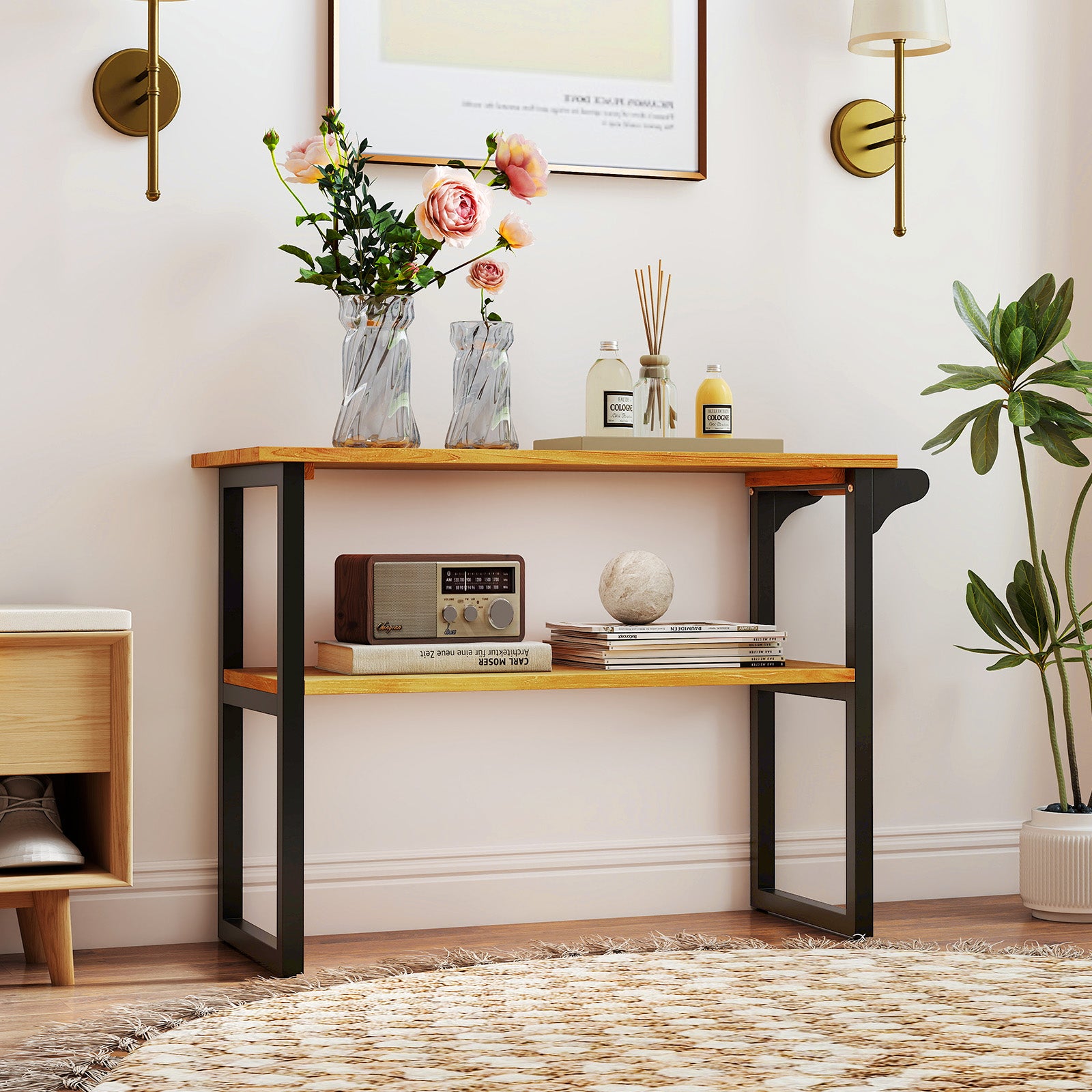 2-Tier Solid Teak Wood Bathroom Shelf with Towel Rack, Natural Floor Cabinets at Gallery Canada