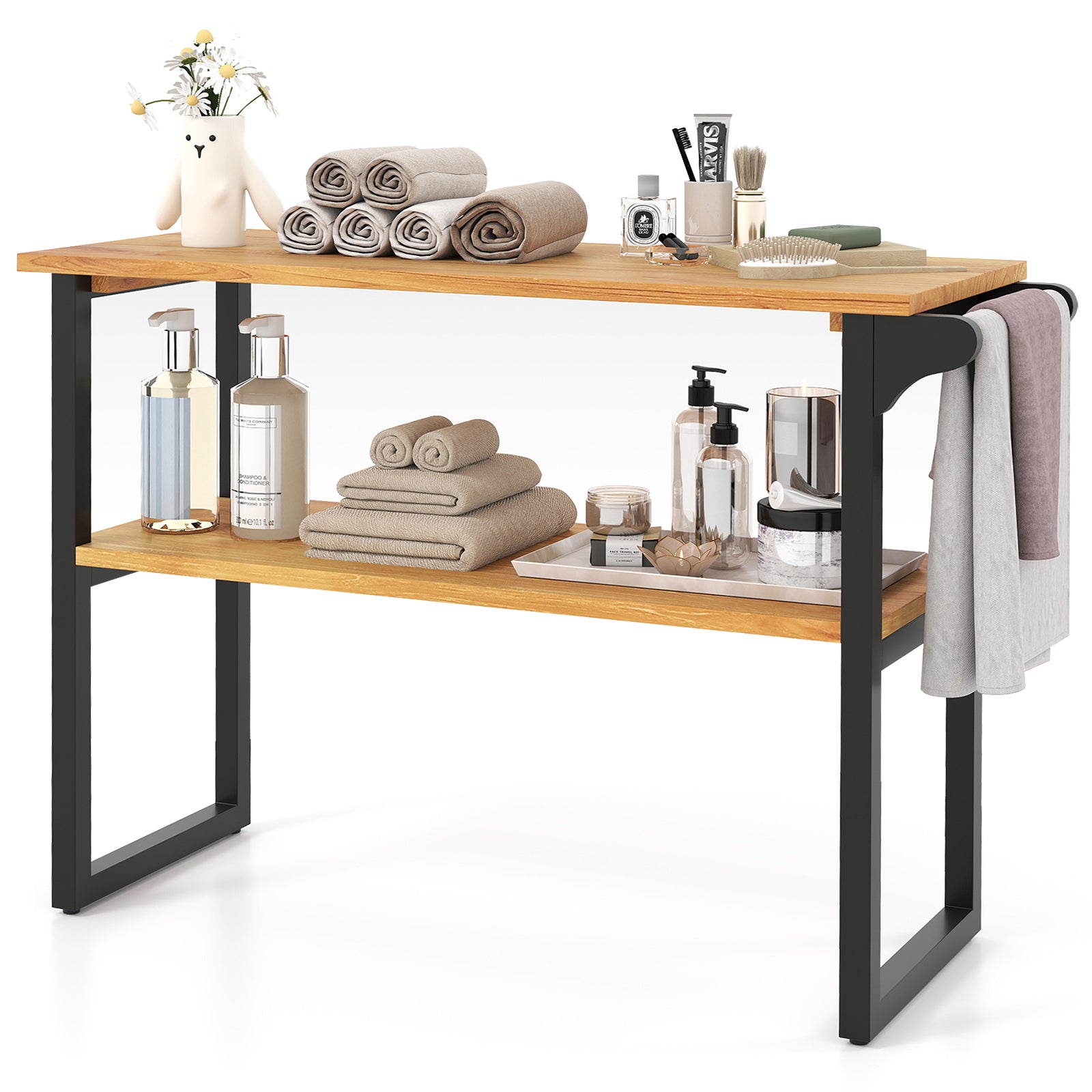 2-Tier Solid Teak Wood Bathroom Shelf with Towel Rack, Natural Floor Cabinets at Gallery Canada