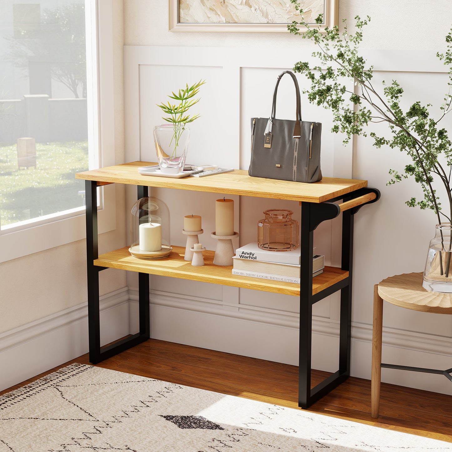2-Tier Solid Teak Wood Bathroom Shelf with Towel Rack, Natural Floor Cabinets at Gallery Canada