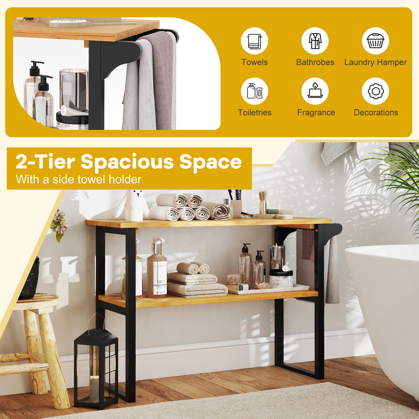 2-Tier Solid Teak Wood Bathroom Shelf with Towel Rack, Natural Floor Cabinets at Gallery Canada