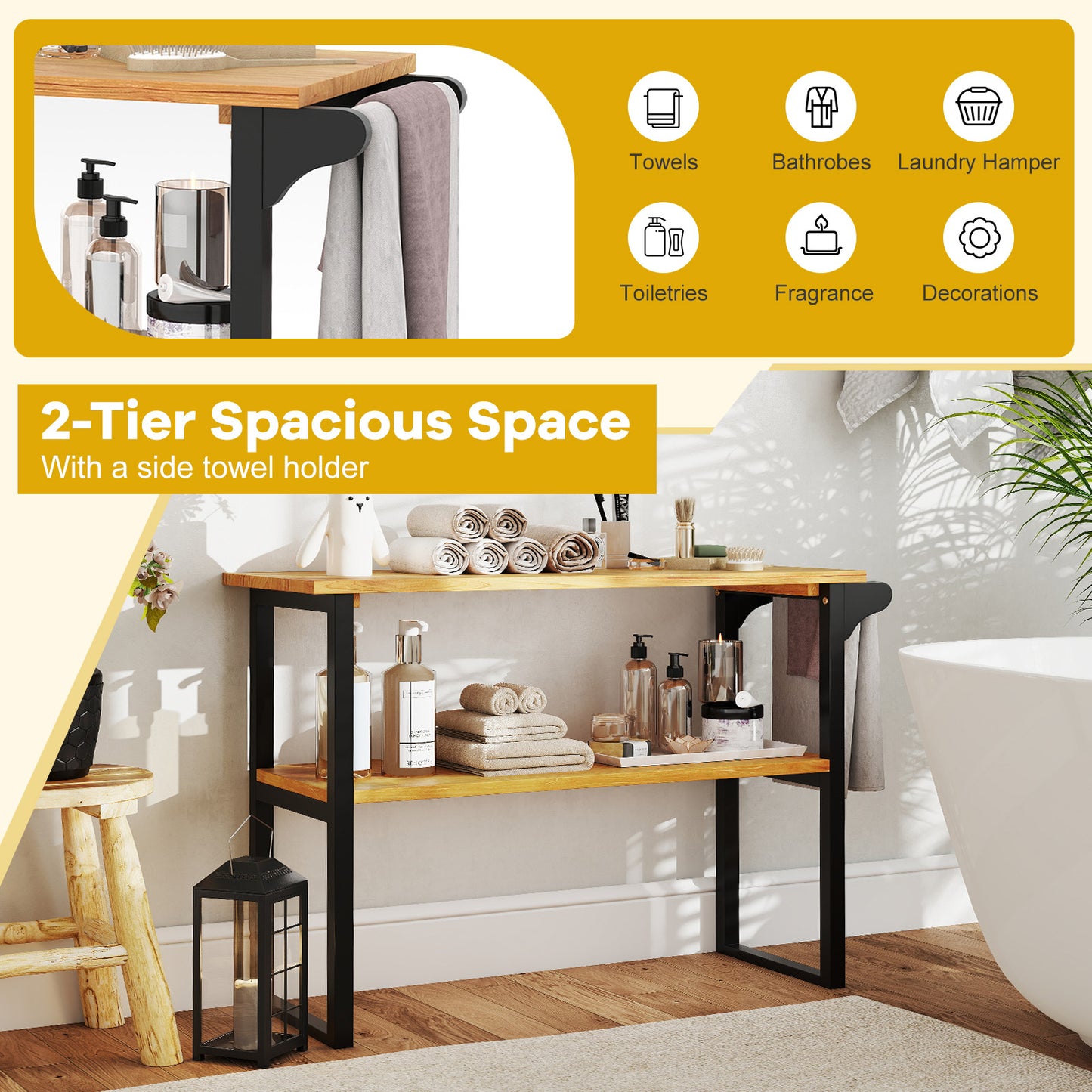 2-Tier Solid Teak Wood Bathroom Shelf with Towel Rack, Natural Floor Cabinets at Gallery Canada