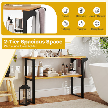 2-Tier Solid Teak Wood Bathroom Shelf with Towel Rack, Natural Floor Cabinets at Gallery Canada