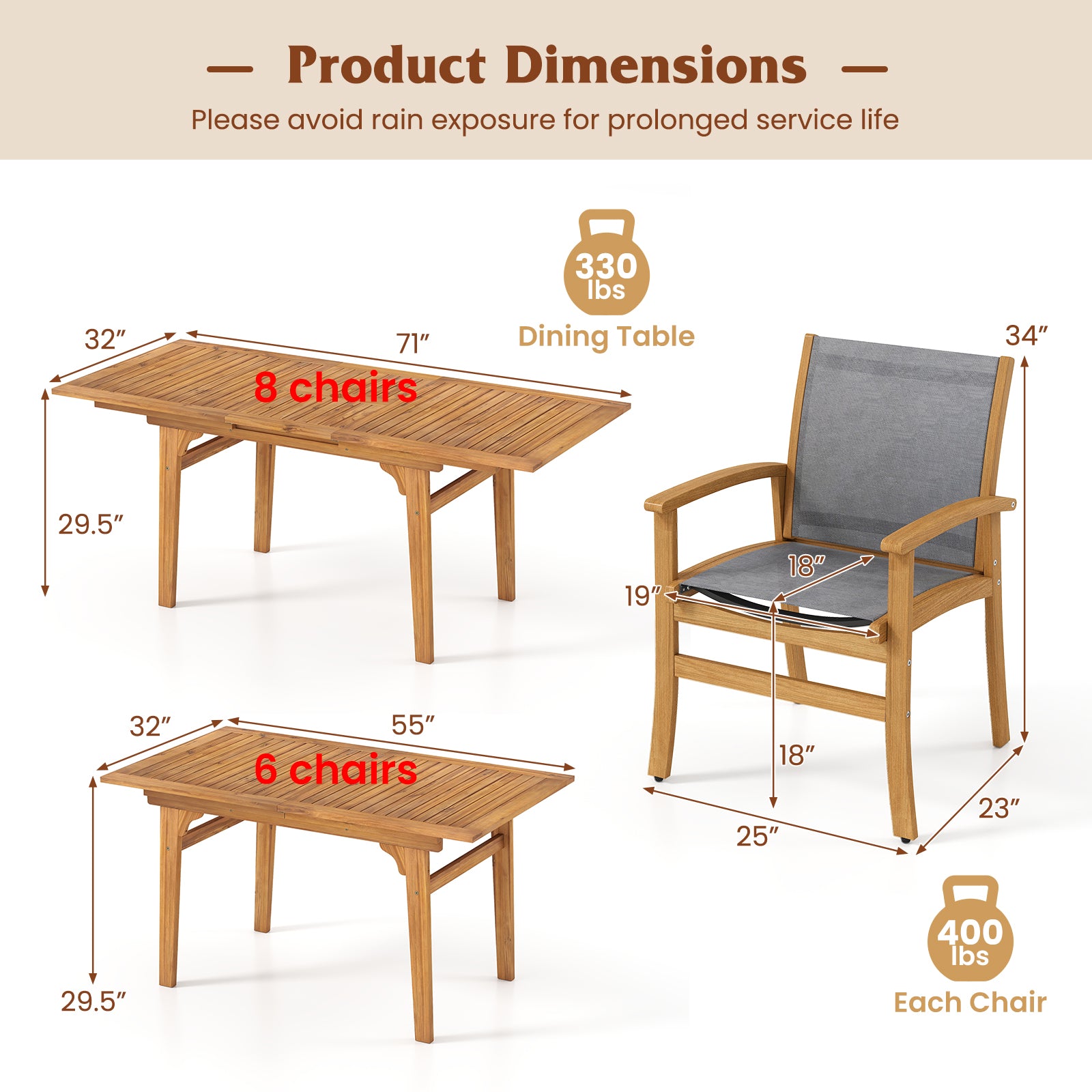 9 Pieces Acacia Wood Patio Dining Set for 6-8, Natural Patio Dining Sets at Gallery Canada