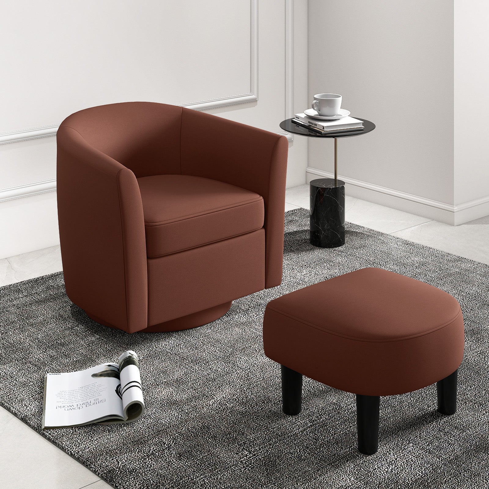 Modern Club Swivel Accent Chair with Ottoman Footrest Curved Backrest, Brown Accent Chairs at Gallery Canada