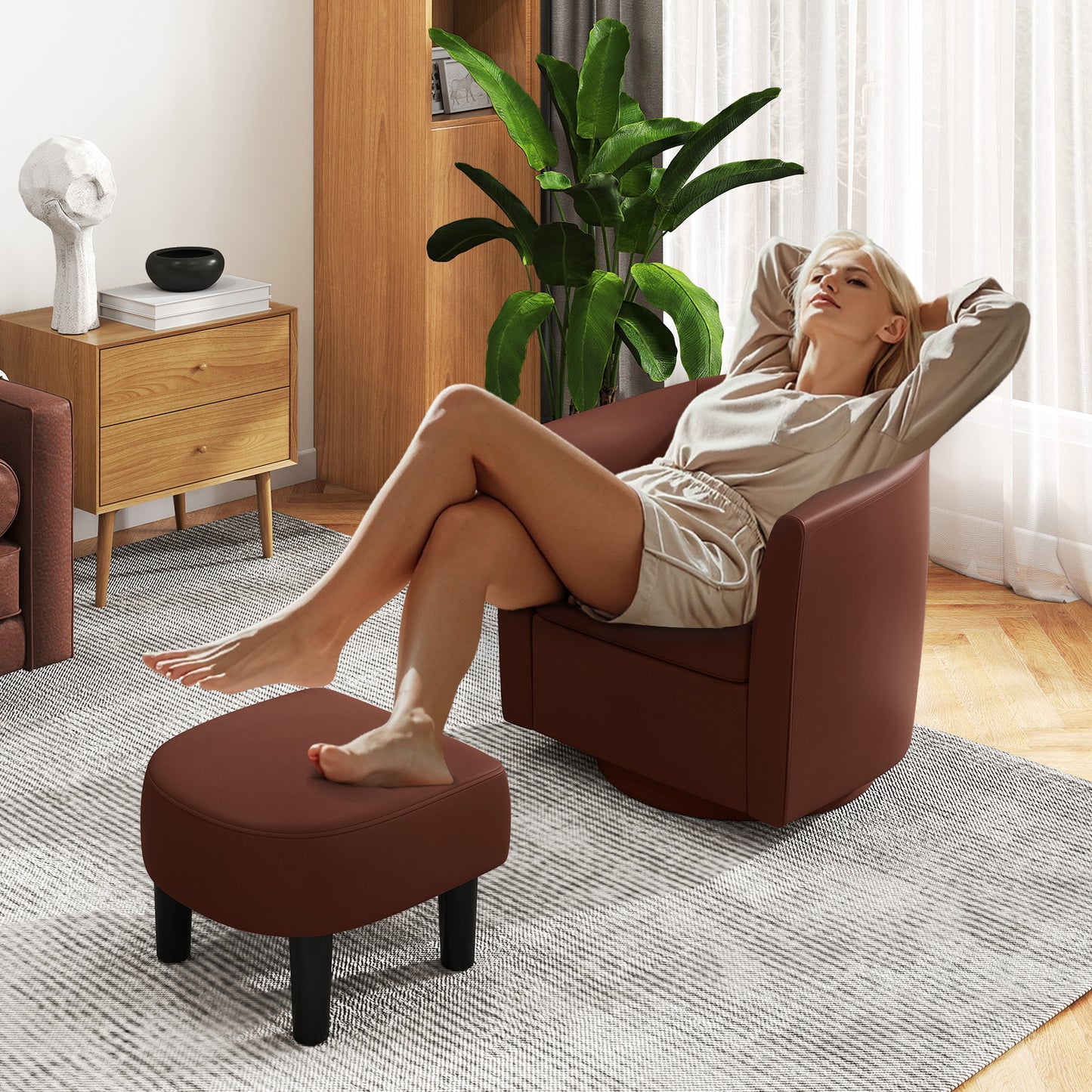 Modern Club Swivel Accent Chair with Ottoman Footrest Curved Backrest, Brown Accent Chairs at Gallery Canada