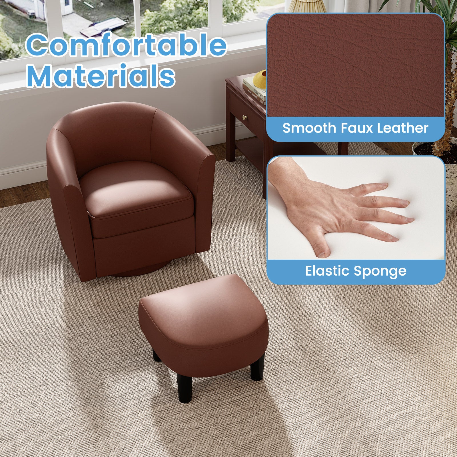 Modern Club Swivel Accent Chair with Ottoman Footrest Curved Backrest, Brown Accent Chairs at Gallery Canada